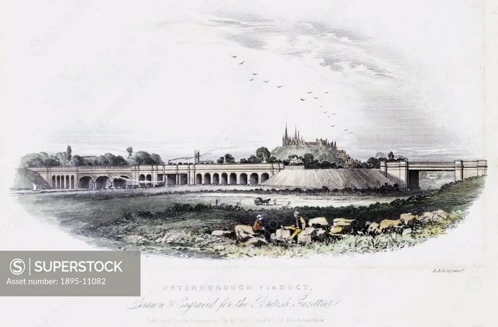 Coloured engraving by A Ashley after a drawing by Joseph Francis Burrell (active 1801-1854), showing the Peterborough Viaduct and the citys cathedral...