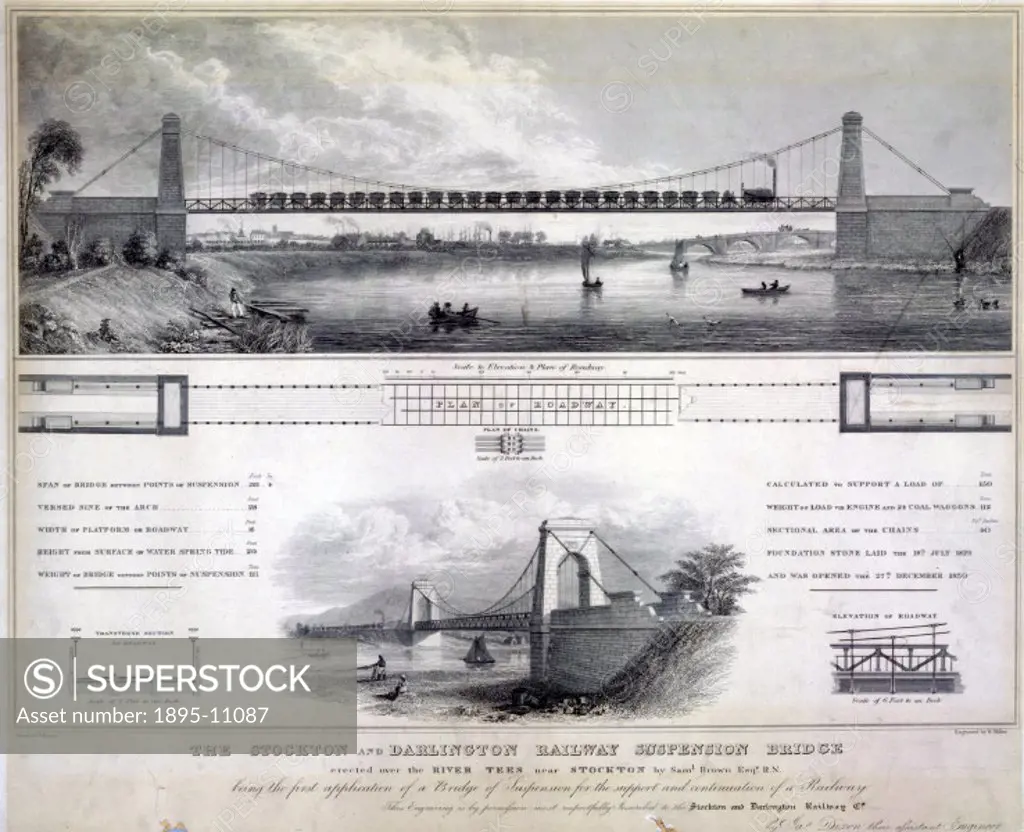 Engraving by W Miller after an original drawing by J Dixon, showing the bridge erected over the River Tees near Stockton by Samuel Brown, RN. The brid...