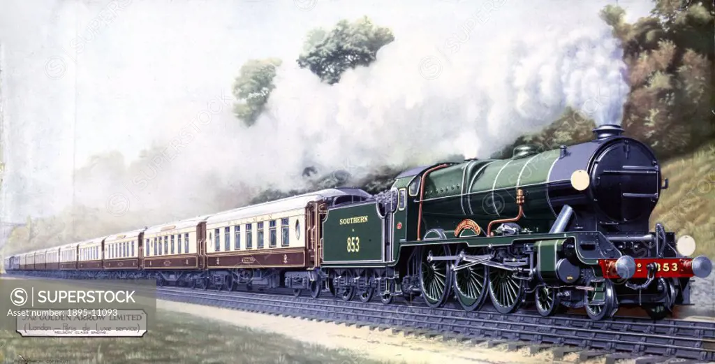 Colour print, printed and published by Photochrom. The ´Nelson´ class engine is hauled by 4-6- locomotive No 853 ´Sir Richard Grenville´.