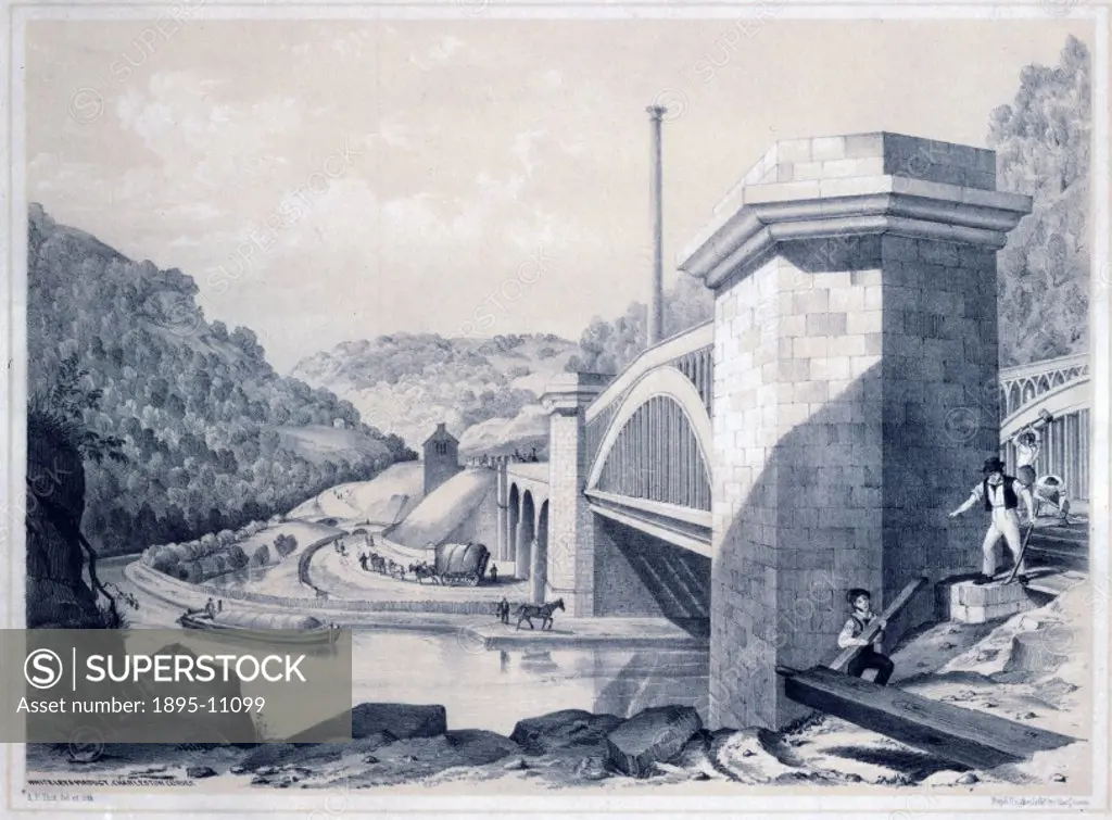 Lithograph drawn and lithographed by American-born artist Arthur Fitzwilliam Tait (1819-1905), of Whiteleys Viaduct, built to carry the Manchester and...