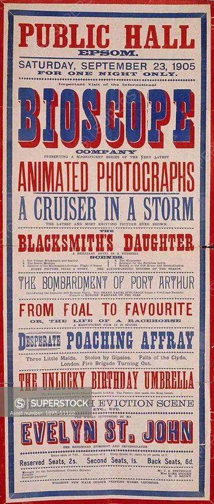 Poster advertising a Bioscope Show at the Public Hall, Epsom, Surrey, 23 September 1905  Included among the films are ´The Bombardment of Port Arthur´...