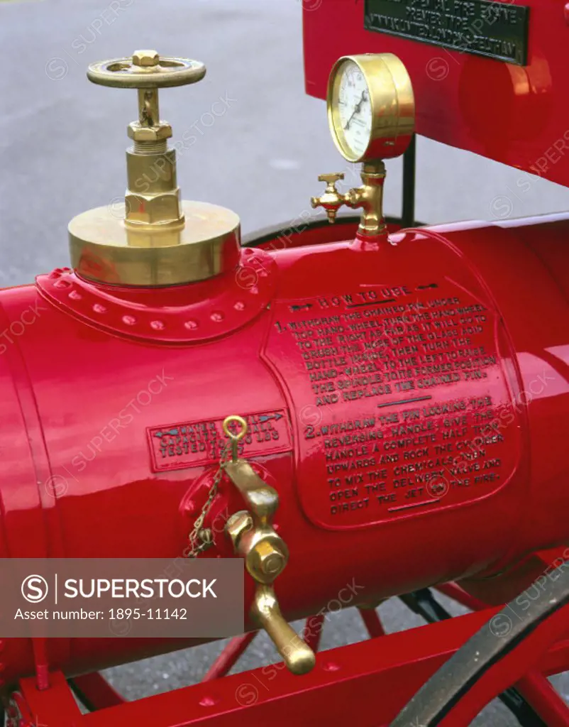 Detail of the Minimax Premier’ type chemical fire engine showing operating instructions. These engines were designed to provide an instant response t...