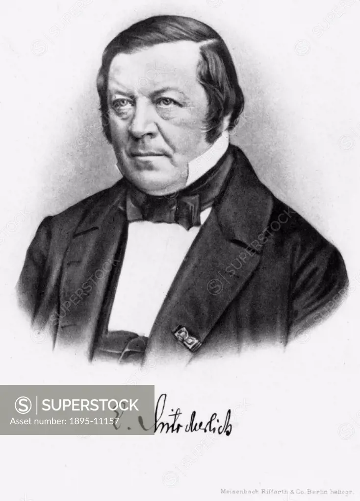 Engraving. Eilhardt Mitscherlich (1794-1863) discovered the law of isomorphism. Mitscherlich was measuring crystal angles and forms and when these wer...