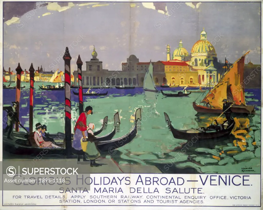 Southern Railway poster showing the canal, gondolas, and the church of Santa Maria della Salute. Artwork by Leonard Richmond.