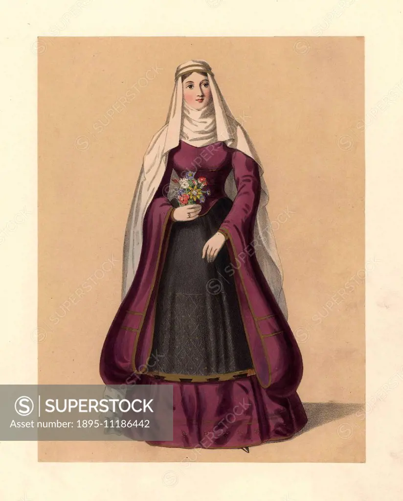 Dress of the reign of King Stephen, 1135~1141. Long veil and full wimple, full dress with long sleeves and apron, holding a garland of flowers. Cotton...