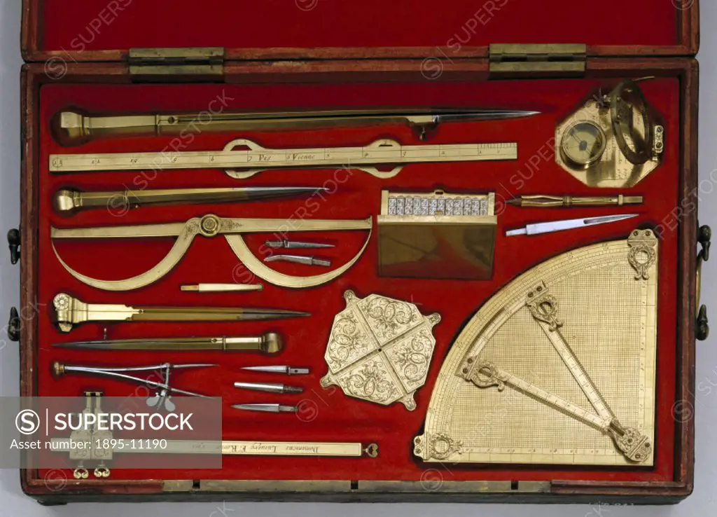 This set of  mathematical instruments was made by D Lusuerg of Rome. The range of this set of instruments is unusually extensive, from ordinary divide...