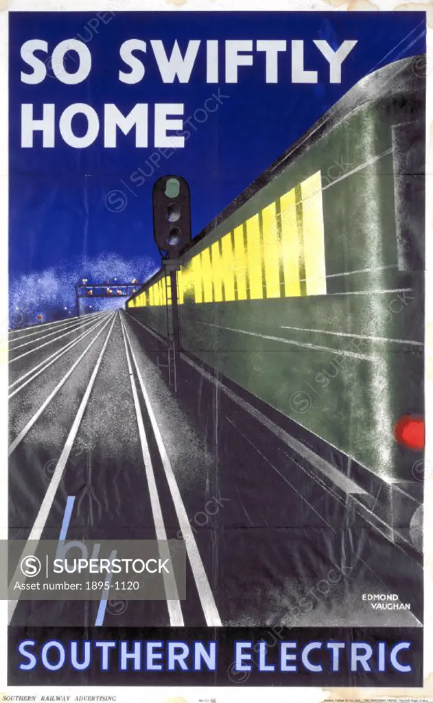 Poster produced by Southern Railway (SR) to promote electric train services. Artwork by Edmond Vaughan. Dimensions: 1010 mm x 630 mm.