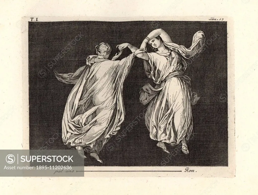 Painting removed from a wall of a room, possibly a triclinium or dining room, in a house in Pompeii in 1749. It shows two dancers in fine transparent ...
