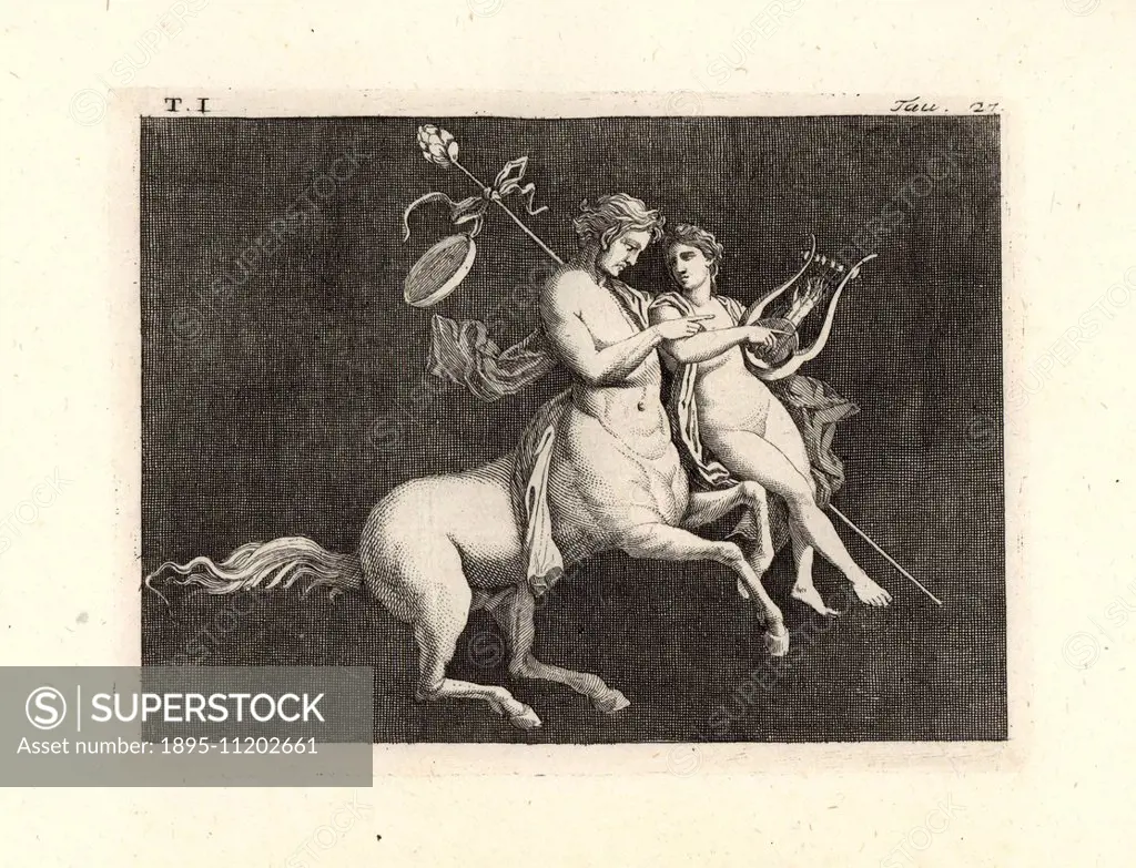 Painting removed from a wall of a room, possibly a triclinium or dining room, in a house in Pompeii in 1749. Centaur carrying a youth and teaching him...