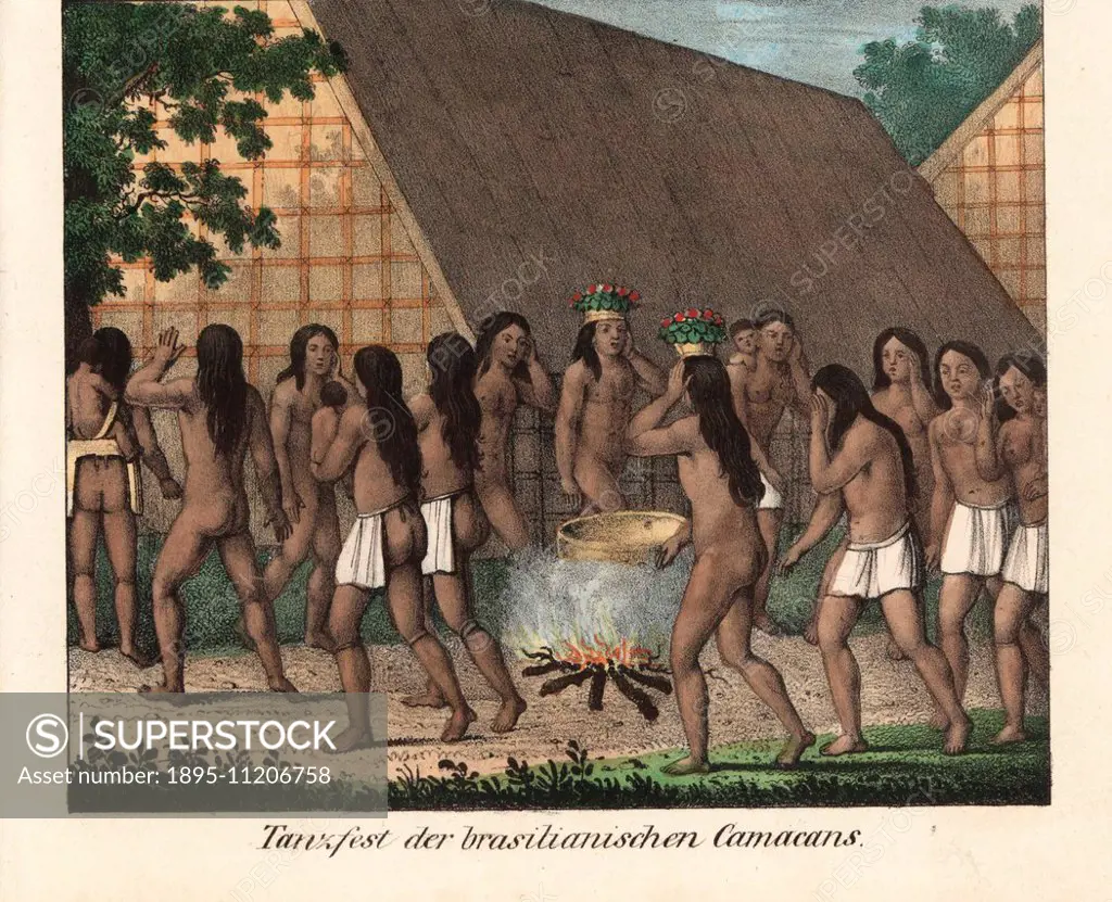 Dance festival of the Camacan in Bahia, Brazil, with many naked men and women in aprons dancing around a pot on a fire. Handcoloured lithograph from F...
