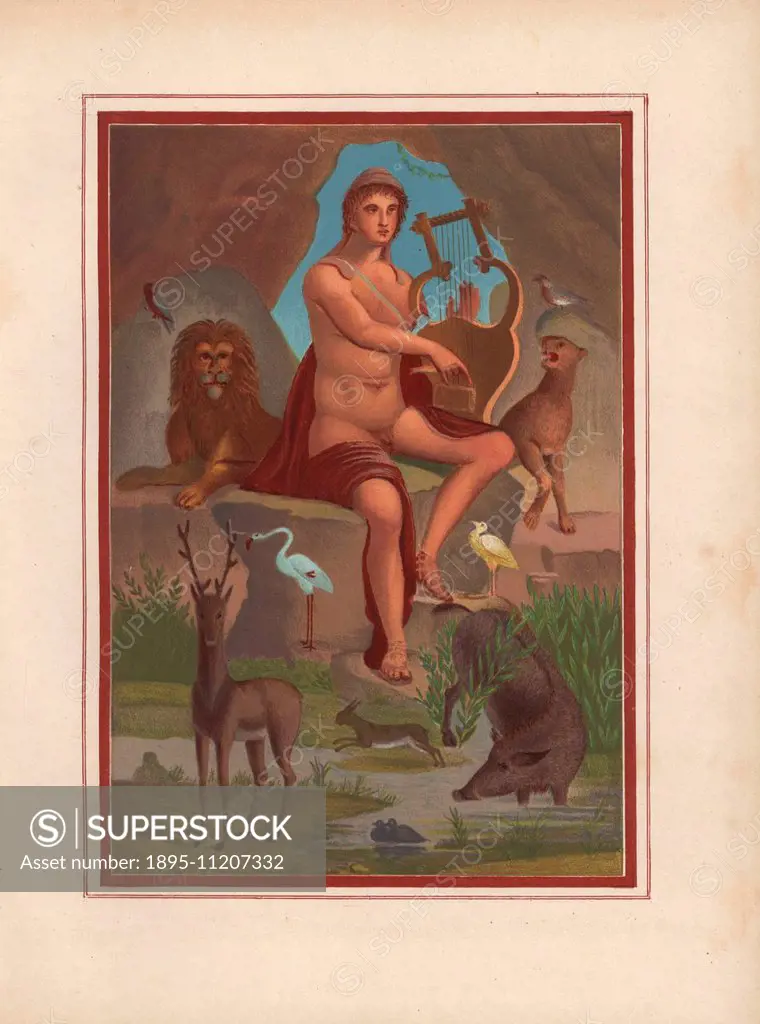 Large wall painting of Orpheus with a lyre from the House of Vesonius Primus, a fuller. He is surrounded by animals including a lion, cougar, boar, st...