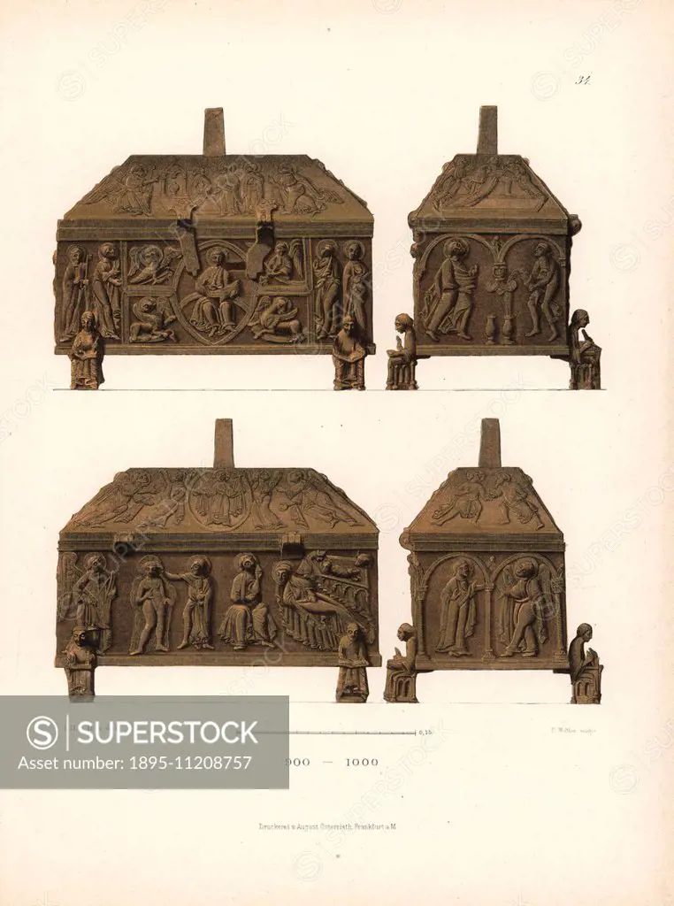 Reliquary in bronze and ciselirt from the 10th century. Chromolithograph from Hefner-Alteneck's Costumes Artworks and Appliances from the Middle Ages ...