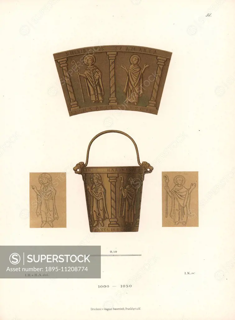 Aspersorium in gilded bronze from St. Stephan's church in Mainz, 11th century. Chromolithograph from Hefner-Alteneck's Costumes Artworks and Appliance...