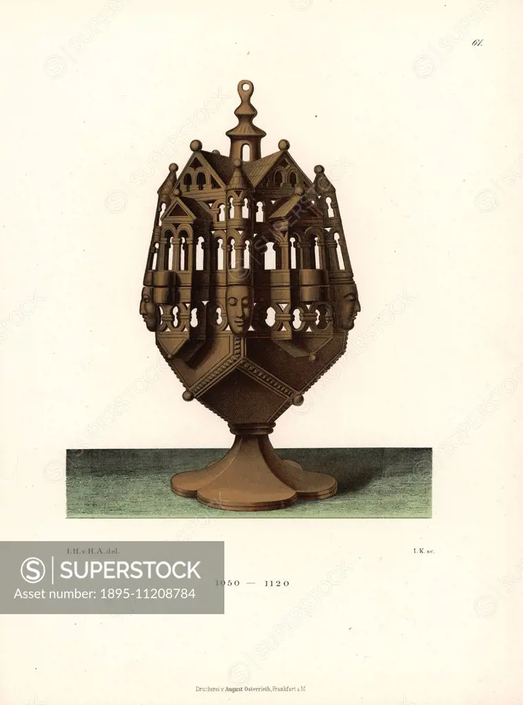 Censer in bronze from the 11th century. Chromolithograph from Hefner-Alteneck's Costumes Artworks and Appliances from the Middle Ages to the 17th Cent...