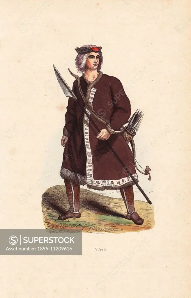Yakut man wearing a fur-lined coat over trousers, with spear, bow and quiver of arrows. Handcoloured woodcut by Doms from Auguste Wahlen's Moeurs Usag...