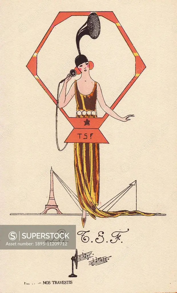 Woman in wireless telephone (le TSF) costume. Lithograph by unknown artist with pochoir stencil handcolouring from Nos Travestis (Our Fancy Dress Cost...