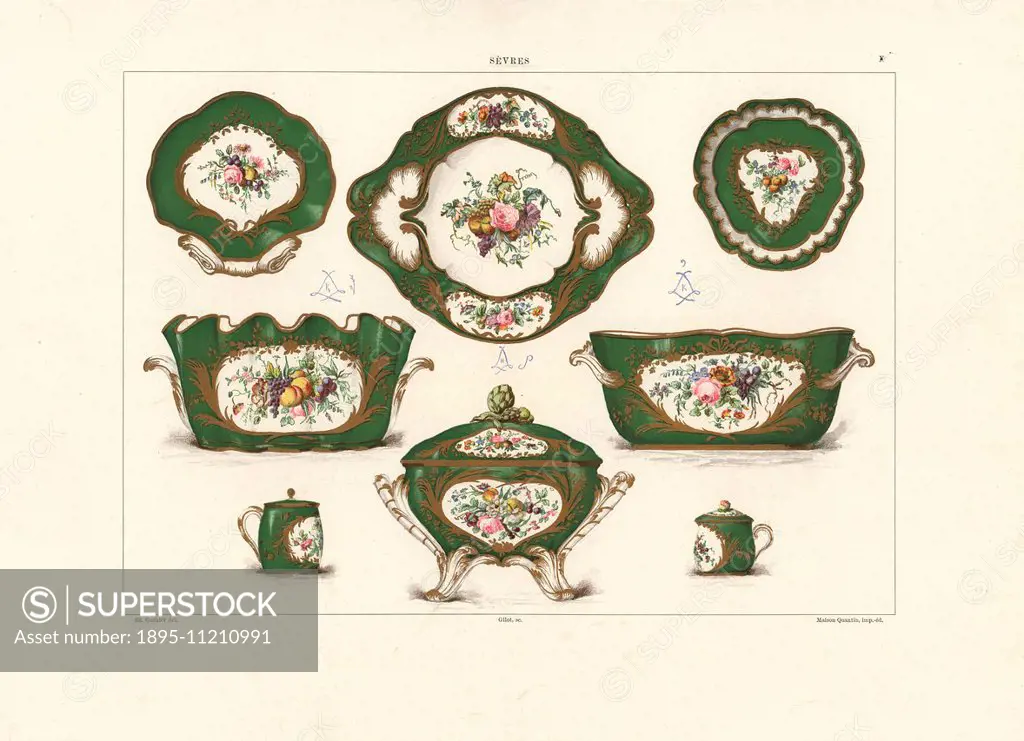 Crockery service of plates, tureens, bowls and cups with lids owned by Baron Alphonse de Rothschild with flowers painted by Dubois, Parpette, Merault ...