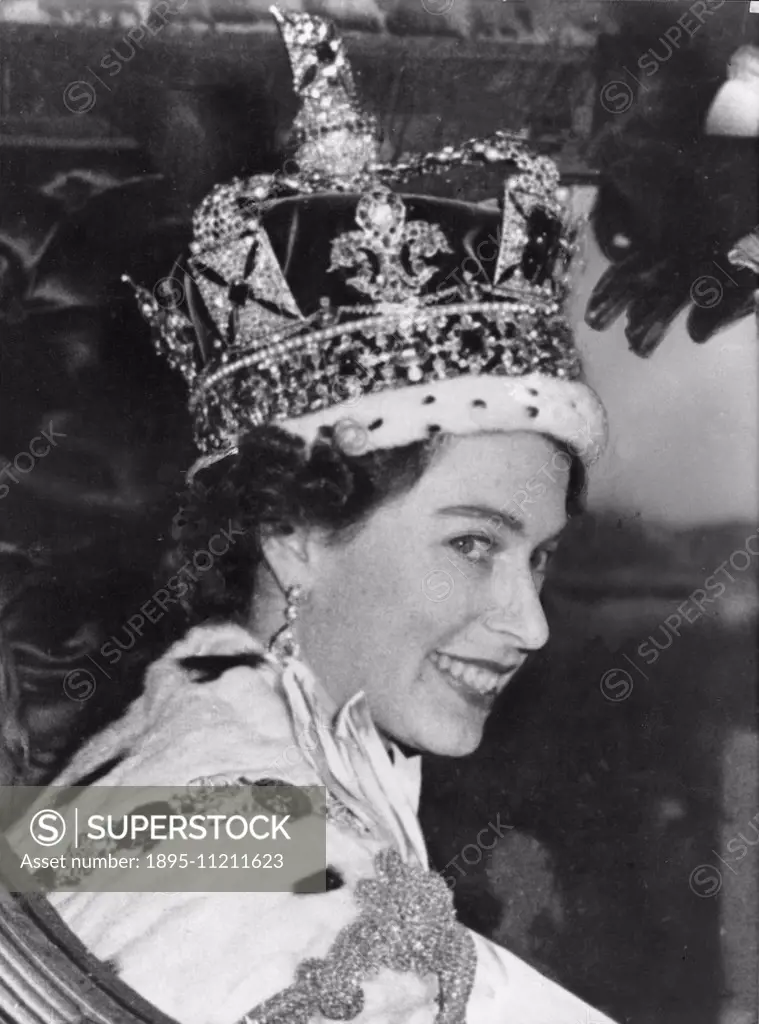 Young Queen. The Queen, who succeeded her father King George VI on February 6th 1952, smiling to her people from the carriage after her coronation cer...