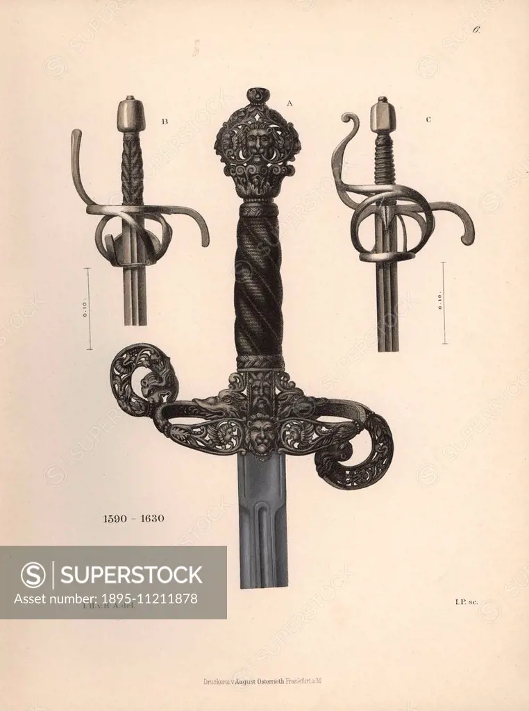 Hilts from three 17th century rapiers. Chromolithograph from Hefner-Alteneck's Costumes Artworks and Appliances from the Middle Ages to the 18th Centu...