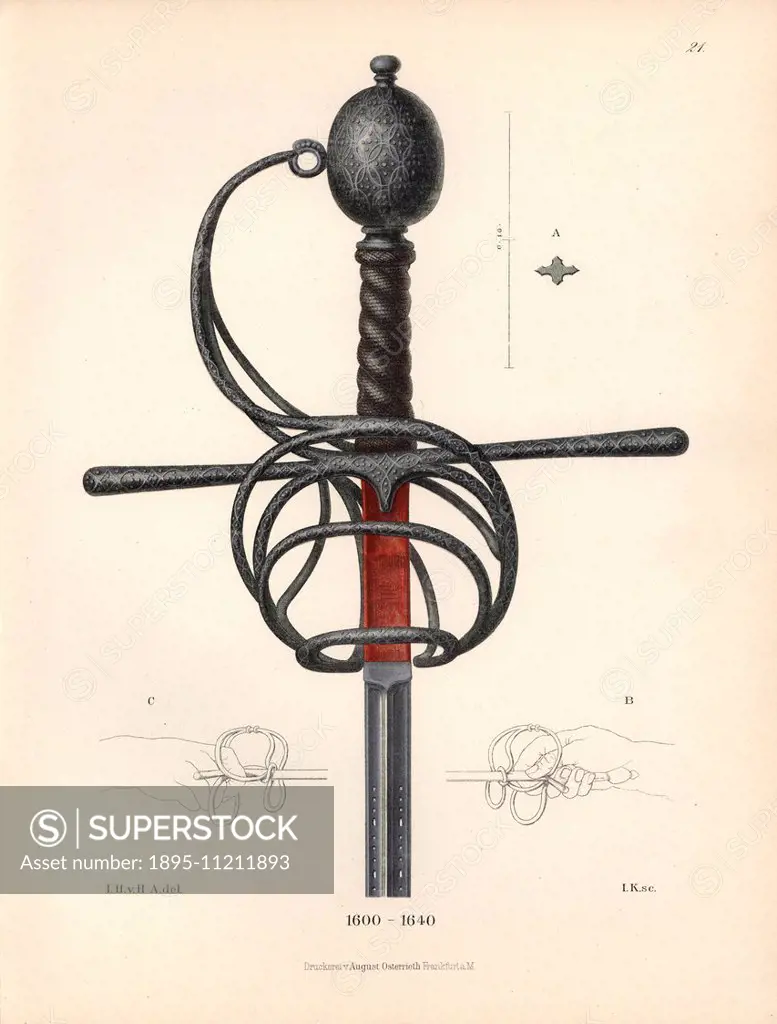 Sword hilt with knob and hook in iron and silver from the 17th century. Chromolithograph from Hefner-Alteneck's Costumes Artworks and Appliances from ...