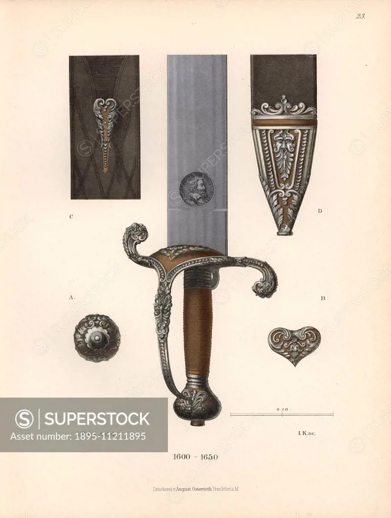 Sword of Maximilian I, Elector of Bavaria, with details of hilt, blade and scabbard. Chromolithograph from Hefner-Alteneck's Costumes Artworks and App...