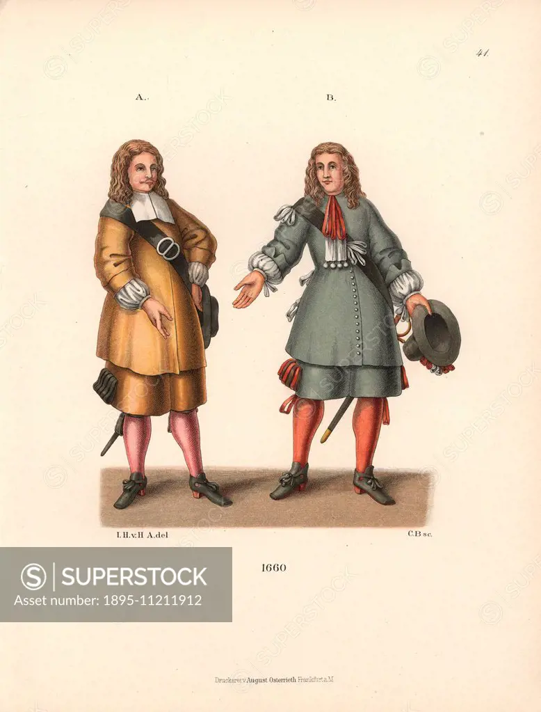 Men in mid-17th century costume. Chromolithograph from Hefner-Alteneck's Costumes Artworks and Appliances from the Middle Ages to the 18th Century Fra...