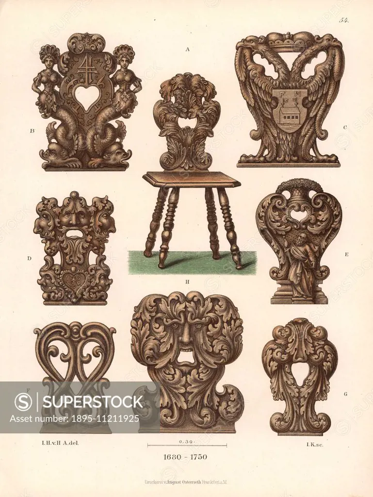 Carved wooden chair and chairbacks from the 17th and 18th centuries. Chromolithograph from Hefner-Alteneck's Costumes Artworks and Appliances from the...