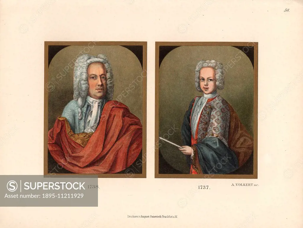 Bewigged men from German oil portraits of the mid 18th century. Chromolithograph from Hefner-Alteneck's Costumes Artworks and Appliances from the Midd...