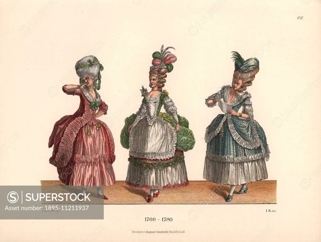 Women's fashions from the late 18th century from prints of the era. Woman in a pink dress a la Polonaise, woman in green ball gown with plumed headdre...