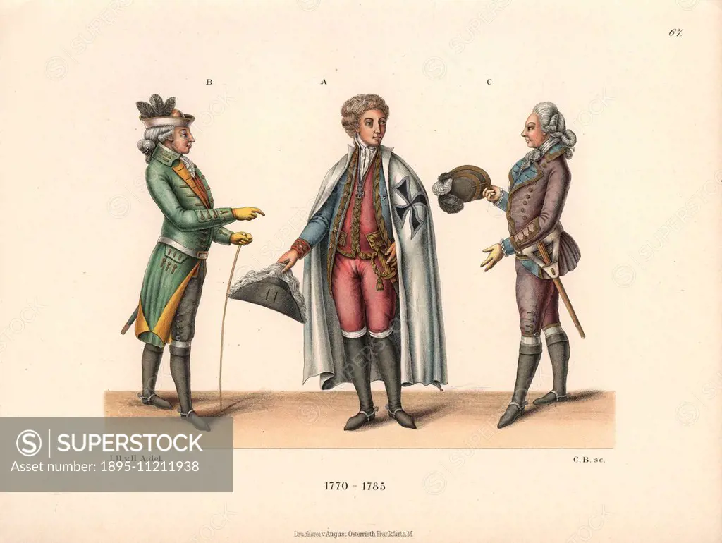 Men's fashions from the late 18th century. A knight of an order in his ceremonial robes at centre, and a two young men in handsome hunting costumes. C...