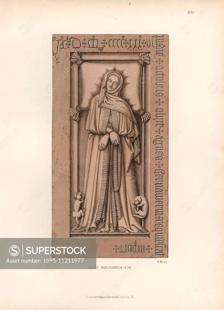 Tombstone of Agnes Bernauer, 1410-1436, mistress to Albert III of Bavaria. From the Agnes Bernauer Chapel in Straubing. Chromolithograph from Hefner-A...