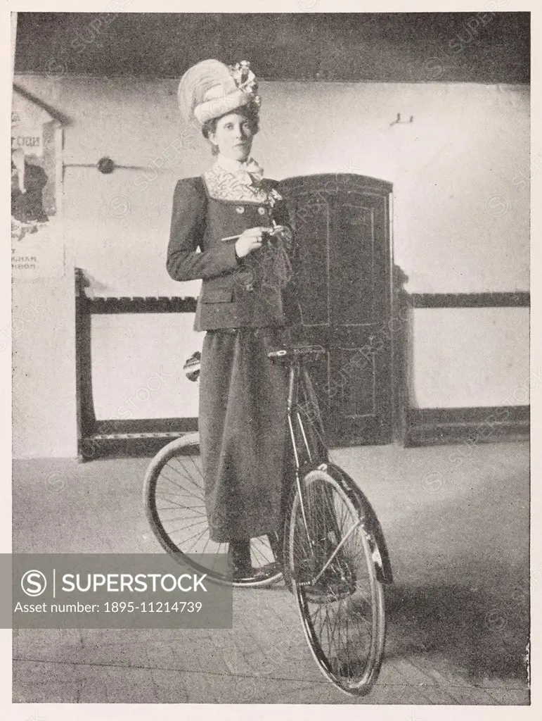 Knitting on wheel. Book: 'Fancy Cycling. Trick Riding for Amateurs' Isabel Marks. London. Sands & Company, 1901. An image of a woman knitting whilst r...