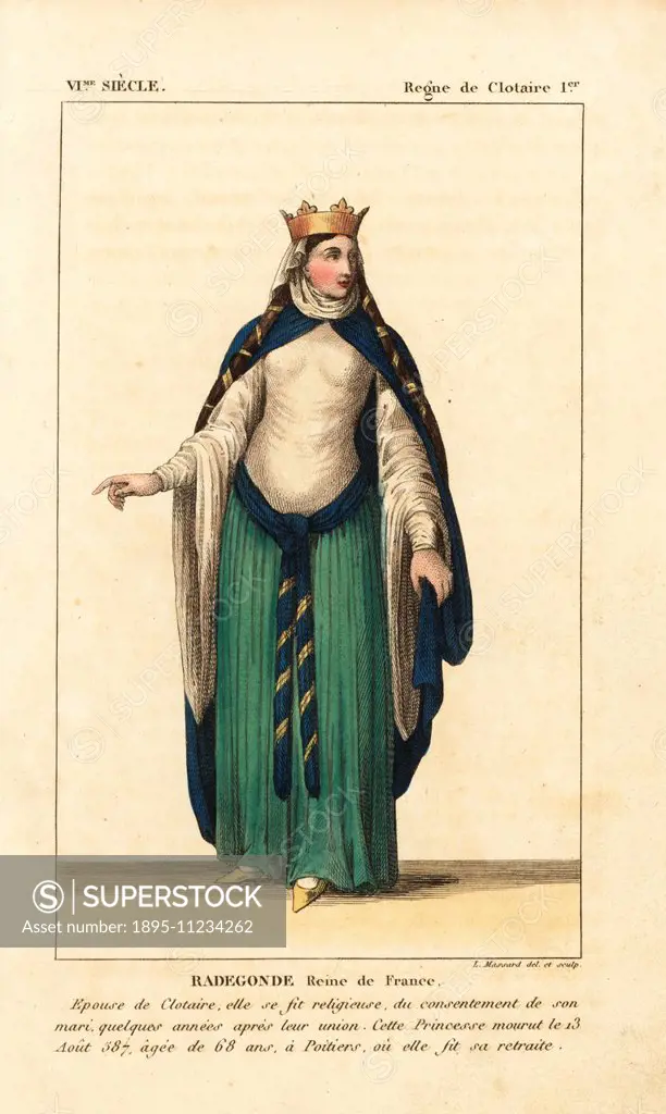 Radegund, Frankish princess, c.520-586. She wears a fine chainmail dress, a veil that falls to the knee, tunic, belt, green skirt and blue cape. Her l...