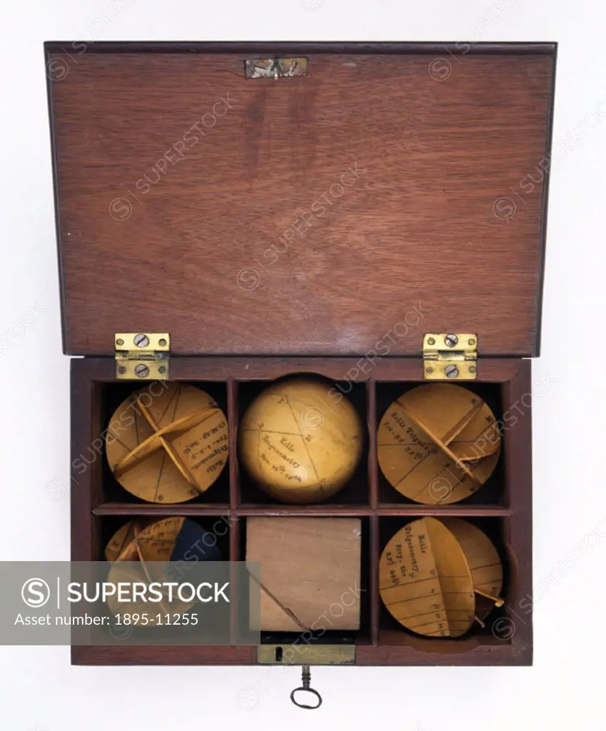 A set of mathematical models in mahogany box, early to mid 18th century. The models were said to illustrate John Keill´s course of trigonometry but do...