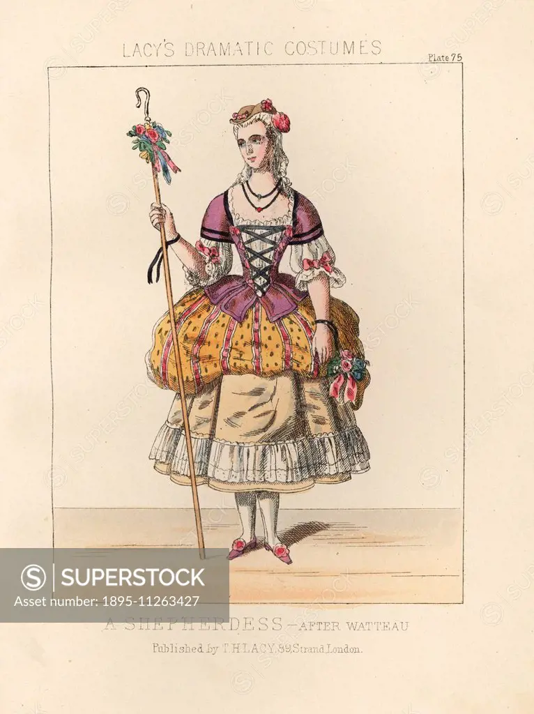 Shepherdess costume after Watteau, 18th century. Handcoloured lithograph from Thomas Hailes Lacy's Female Costumes Historical, National and Dramatic i...