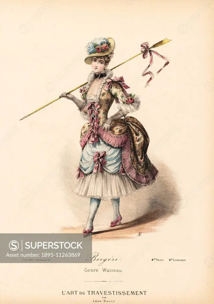 Fancy dress costume of a shepherdess in the Watteau style. Straw hat, silk dress embroidered with flowers, petticoats and ribbons. Handcoloured lithog...