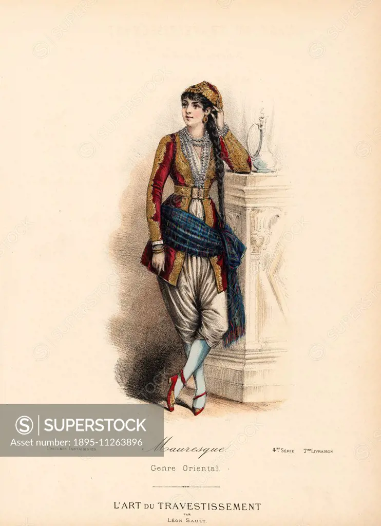 Fancy dress costume of a Moor (Muslim) girl, in tunic and cap embroidered in gold, pearl necklace, sash belt, silk culottes, with her long hair in a p...