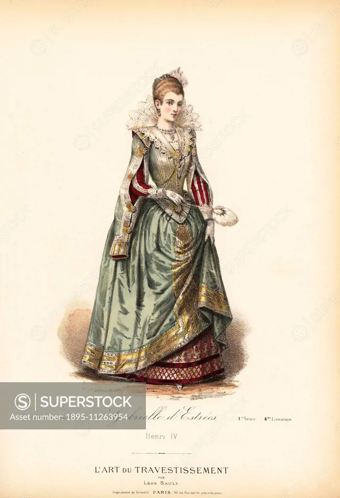 Gabrielle d'Estrees, Duchess of Beaufort and Verneuil, mistress of King Henry IV of France, 16th century. Handcoloured lithograph after a design by Le...