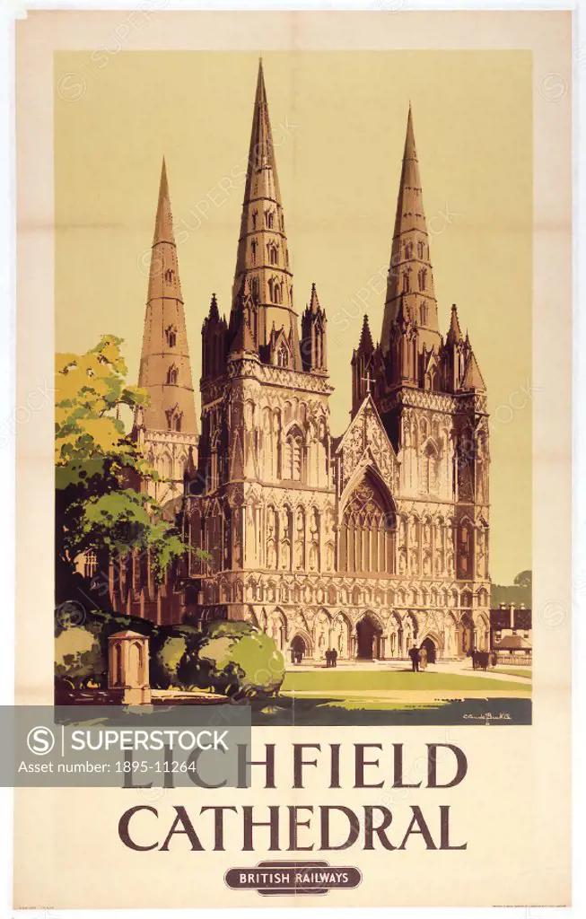 Poster produced for British Raiways (BR) to promote rail travel to Lichfield, Staffordshire. The poster shows a view of the exterior of Litchfield Cat...