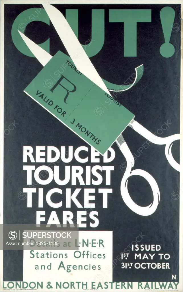 Poster produced for the London & North Eastern Railway (LNER) to promote reduced tourist ticket fares, showing a pair of scissors cutting through a 3 ...