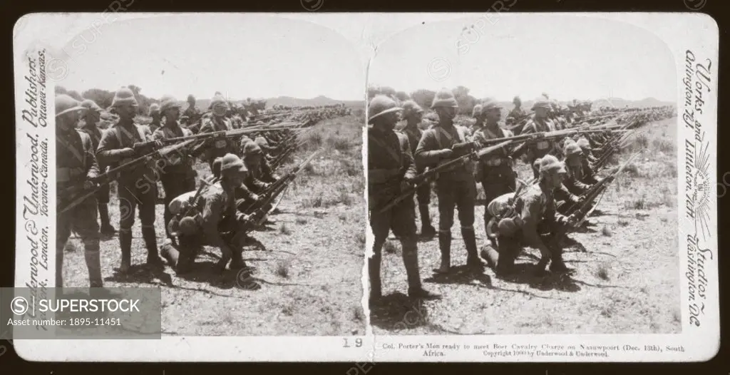 Lines of British troops, with bayonets fixed, await a Boer attack at Naauwpoort, 13th December, 1899. One of a boxed set of stereoscope photographs wh...