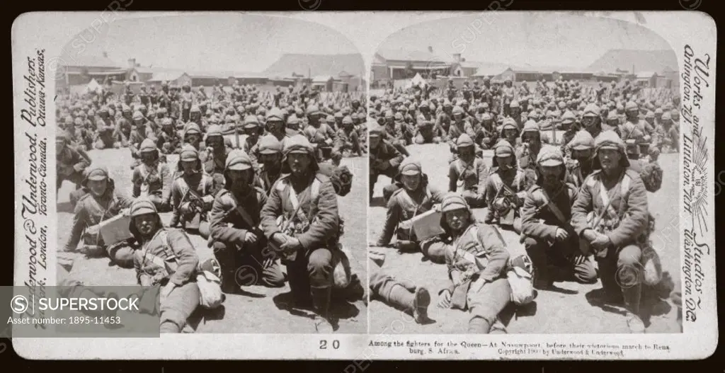 British soldiers at Naauwpoort, Cape Colony, before marching to Rensburg. One of a boxed set of stereoscope photographs produced for sale to the gener...