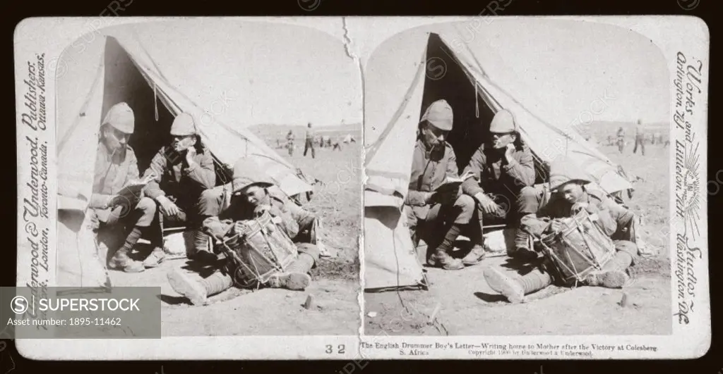 A British soldier writing home to his mother after the British captured Colesberg on February 28th 1900. One of a boxed set of stereoscope photographs...
