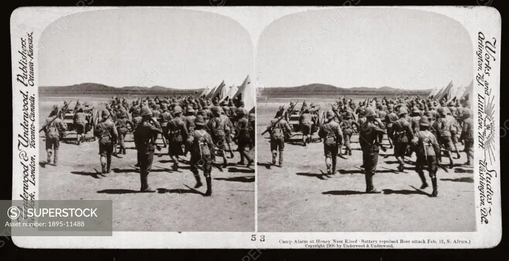 Soldiers pictured after having repulsed a Boer attack on 12th February , 1900. One of a boxed set of stereoscope photographs produced for sale to the ...