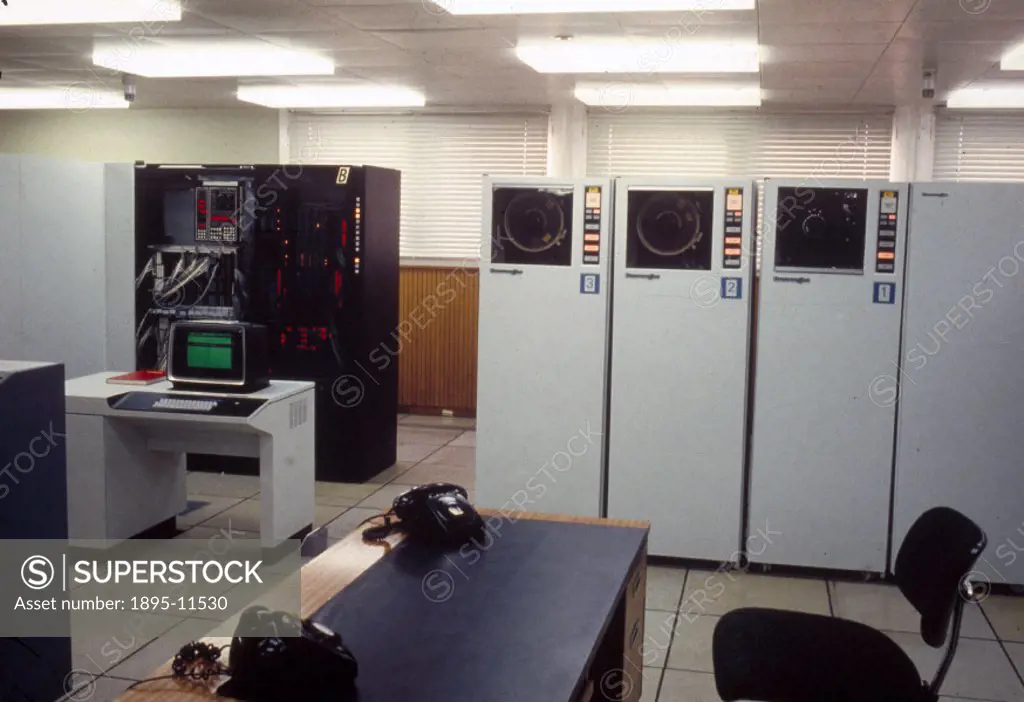 View of the interior of the room housing the Burroughs B2800 mainframe computer at Lloyds Bank Computer Institute.