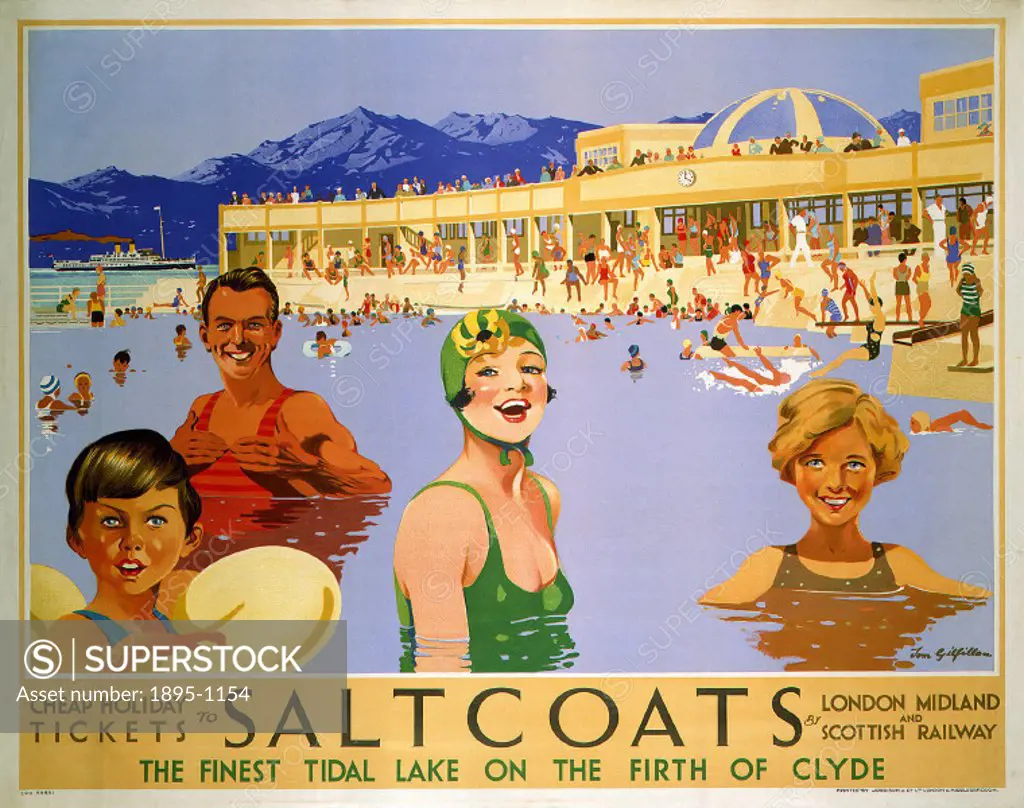Poster produced for London, Midland & Scottish Railway (LMS) to promote cheap holiday tickets to Saltcoats, North Ayrshire, Scotland, The Finest Tida...