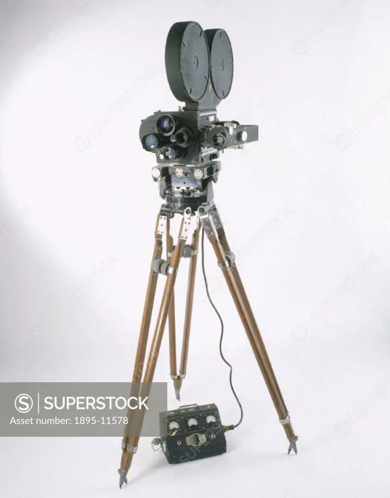 Mitchell NC 35mm camera mounted on a tripod, American, 1935. Mitchells were the standard feature film industry camera. In 1966, the manufacturers clai...