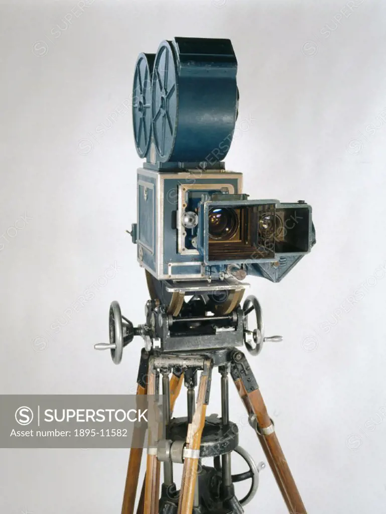 Technicolor three-colour 35mm camera, American, 1932-1955.The camera is shown here mounted on a rolling spider. Technicolor, introduced in 1915, is re...