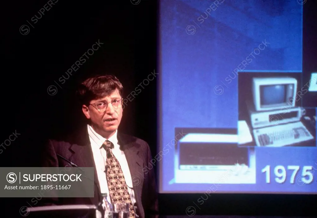 Bill Gates, American founder of Microsoft, 1996.Bill Gates b 1955 talking at the Science Museum, London, November 1996.