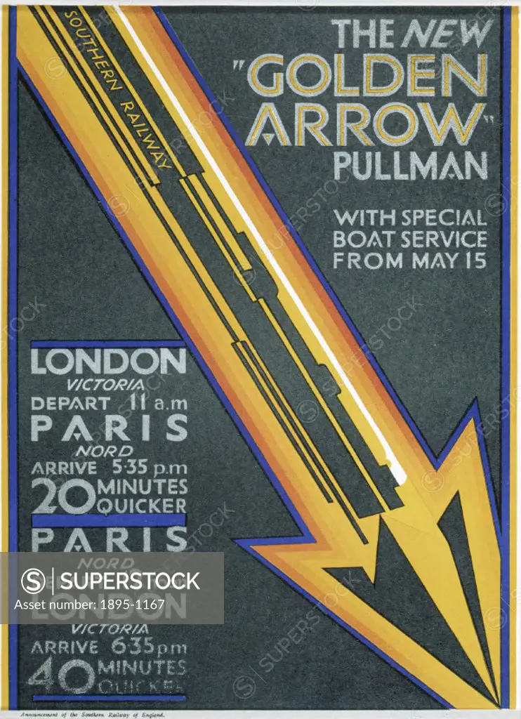 Poster produced by Southern Railway (SR) to promote the London-Paris service on the new Golden Arrow’ pullman. Artwork by Charles Shep’ Shepherd, wh...